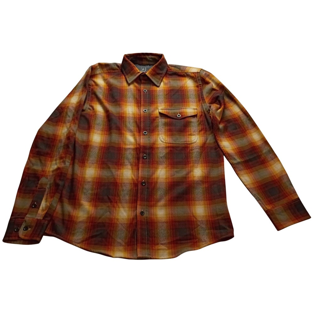 Shirt Men's Plaid Long Sleeve Button Down Orange Red Gold Top Casual